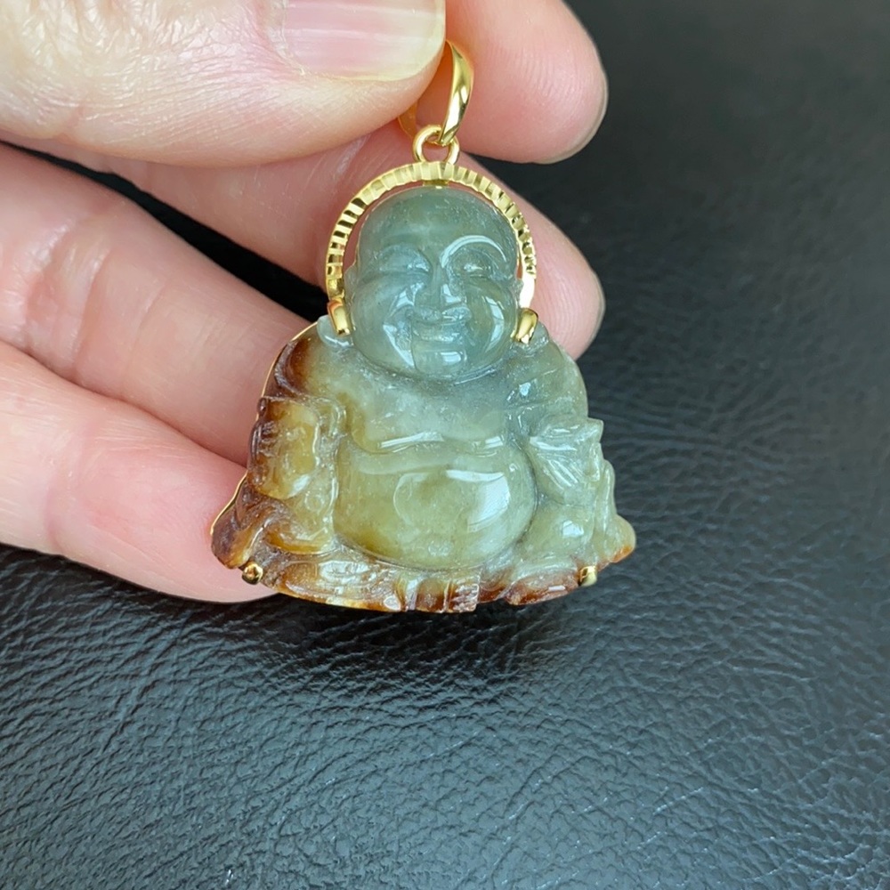 14k Gold Male Smiling Happy Buddha Jade Pendant